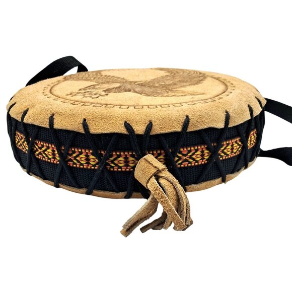 Handcrafted Canteen Round Suede Shoulder Bag With Embossed Eagle Design & Woven - Picture 5 of 8